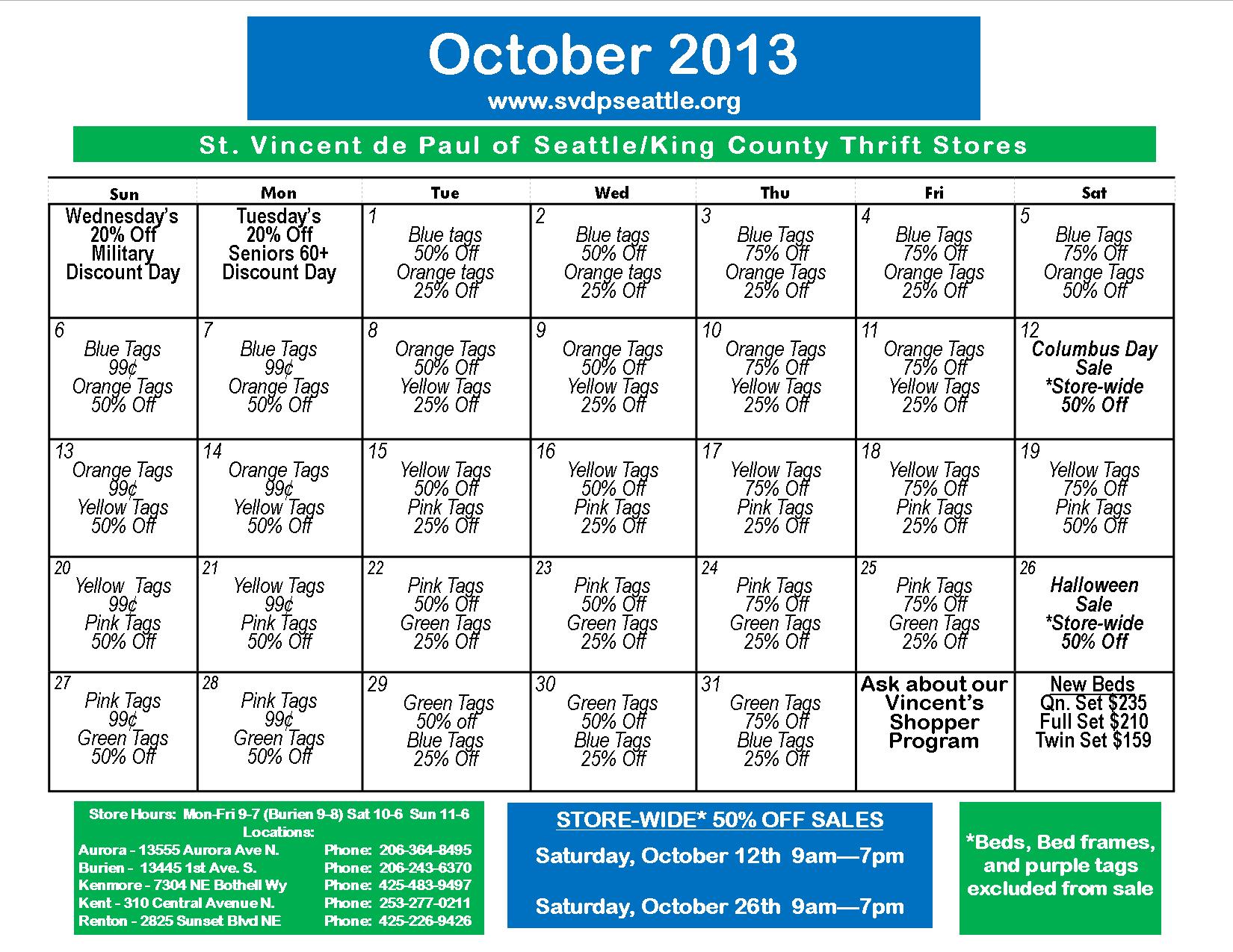 October Sales Calendar St. Vincent de Paul