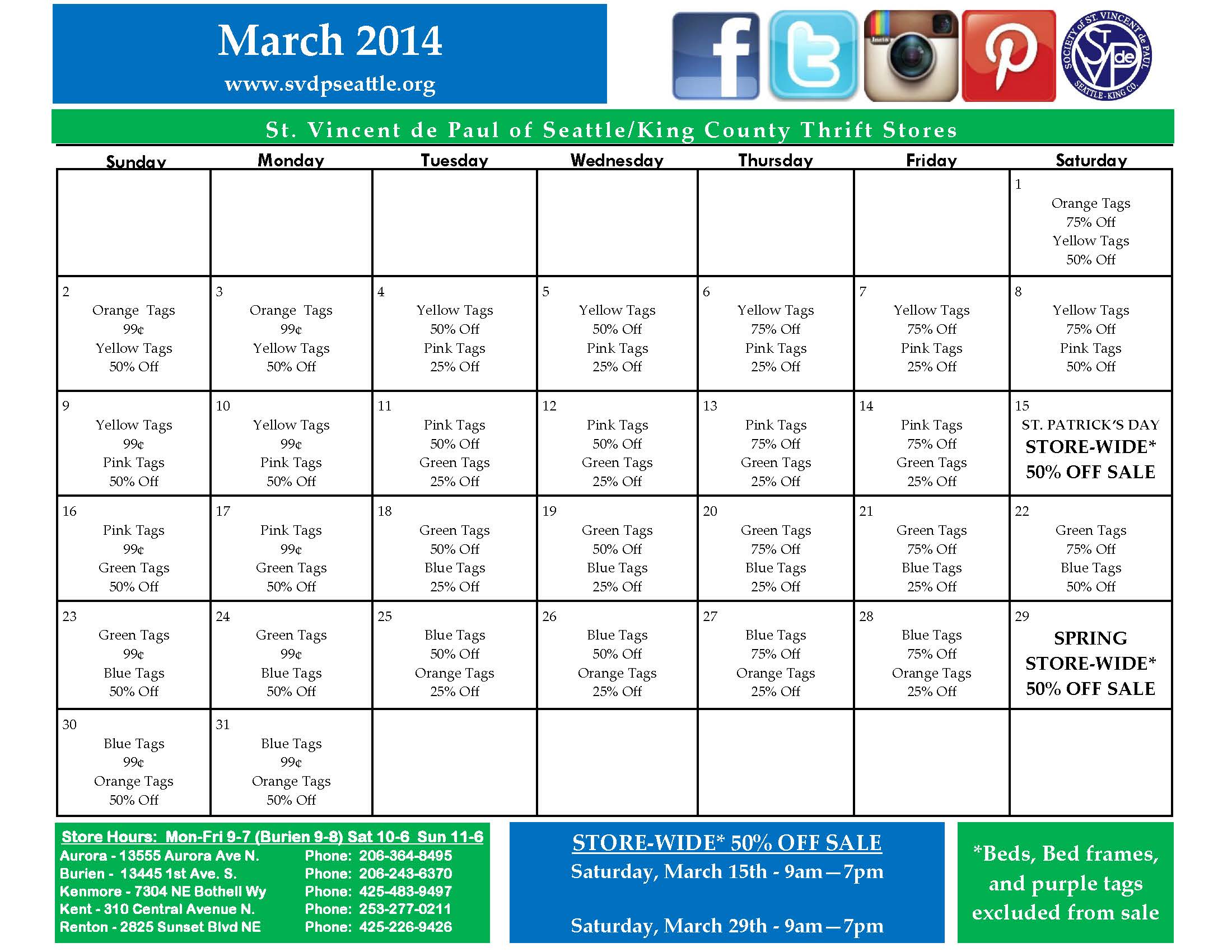 March Sales Calendar | St. Vincent de Paul